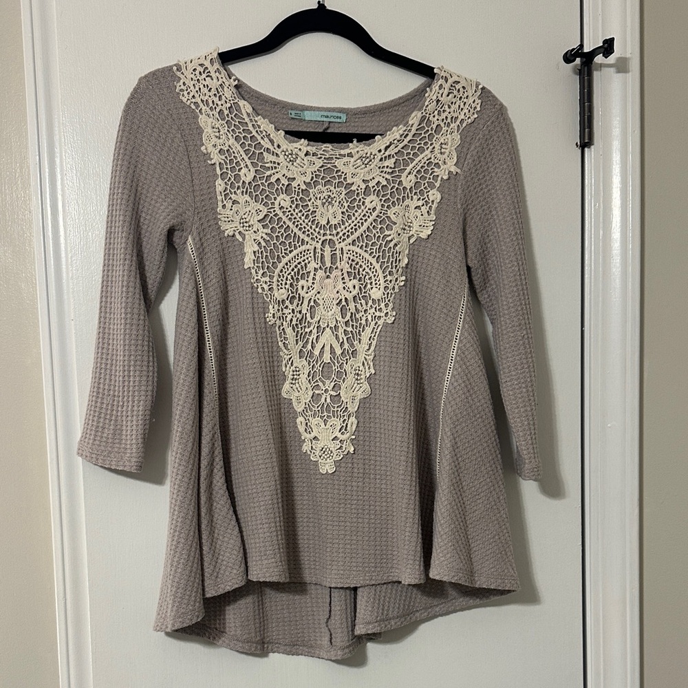 Maurices Taupe Blouse with Cream Lace Detail
